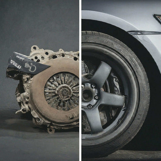 Comparison of used vs new auto parts with an old engine on the left and a new car tire on the right.