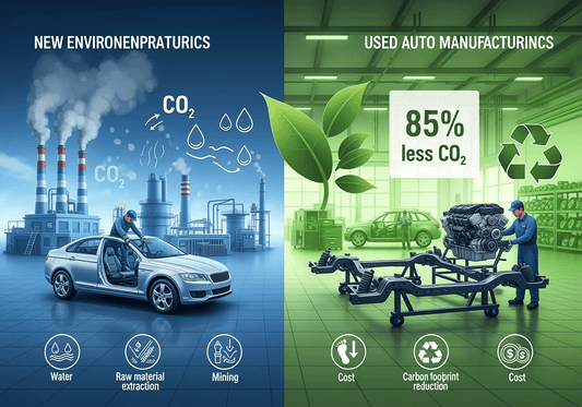 Infographic comparing environmental impact of new auto parts manufacturing versus used OEM parts recycling, showing 85% CO2 reduction