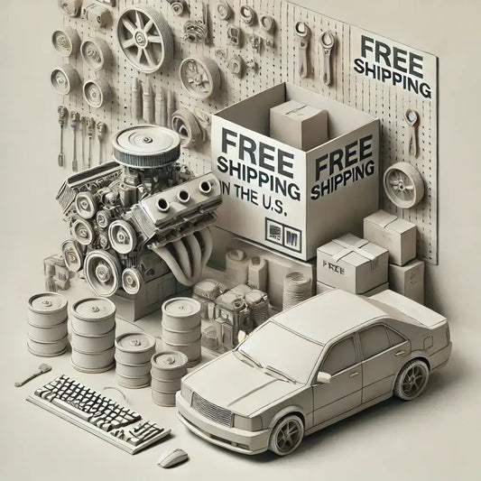 Wide array of OEM used car parts with free shipping in the U.S., featuring engine, tires, and automotive components on display.